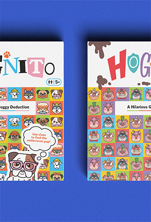 Two game box fronts for games called Indawgnito and Hog-Wild