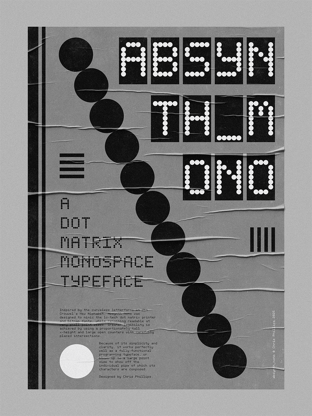 Black white and gray poster with geometric decoration displaying the absynth mono font and some description text