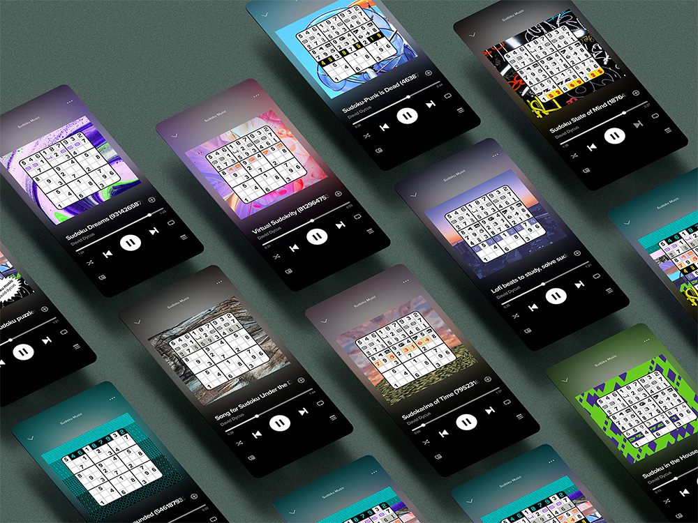 Each Sudoku Music track's individual artwork displayed as in a phone's music app on floating screens