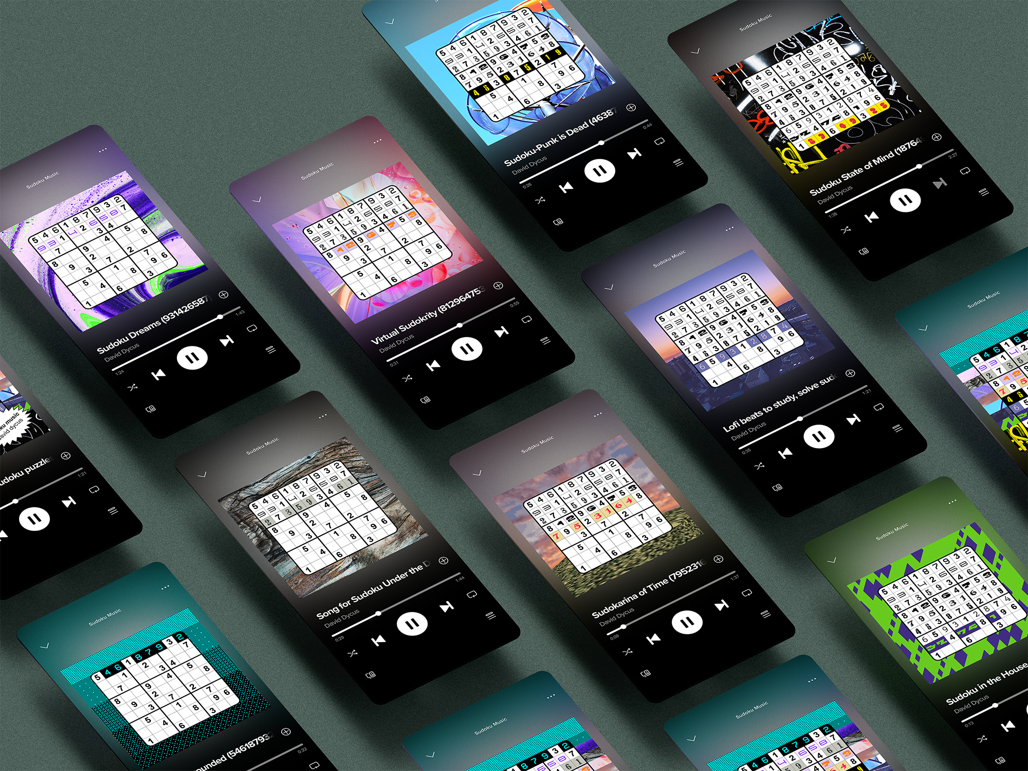 Each Sudoku Music track's individual artwork
        displayed as in a phone's music app on floating screens