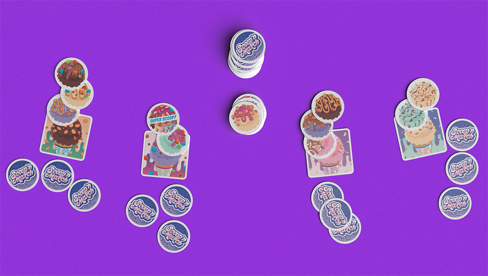 Scoop n Match game pieces arranged for play on purple background